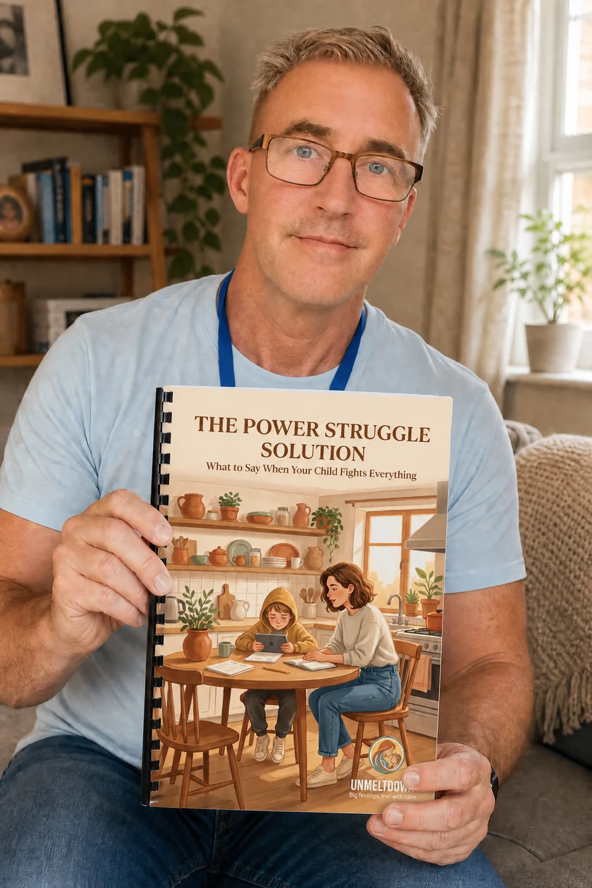 Darren, founder of Unmeltdown, holding The Power Struggle Solution guide at home