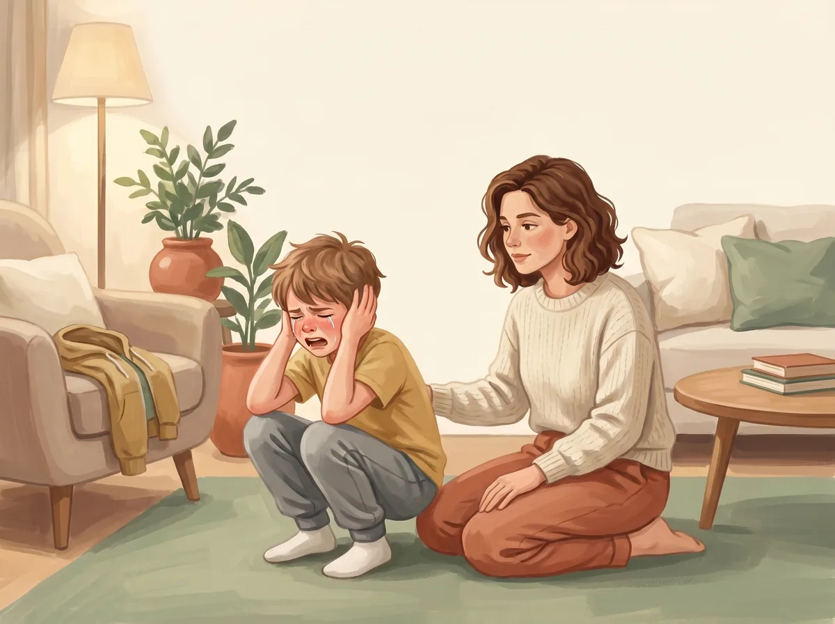 A parent meeting a child eye-to-eye on the floor — illustration from inside the guide